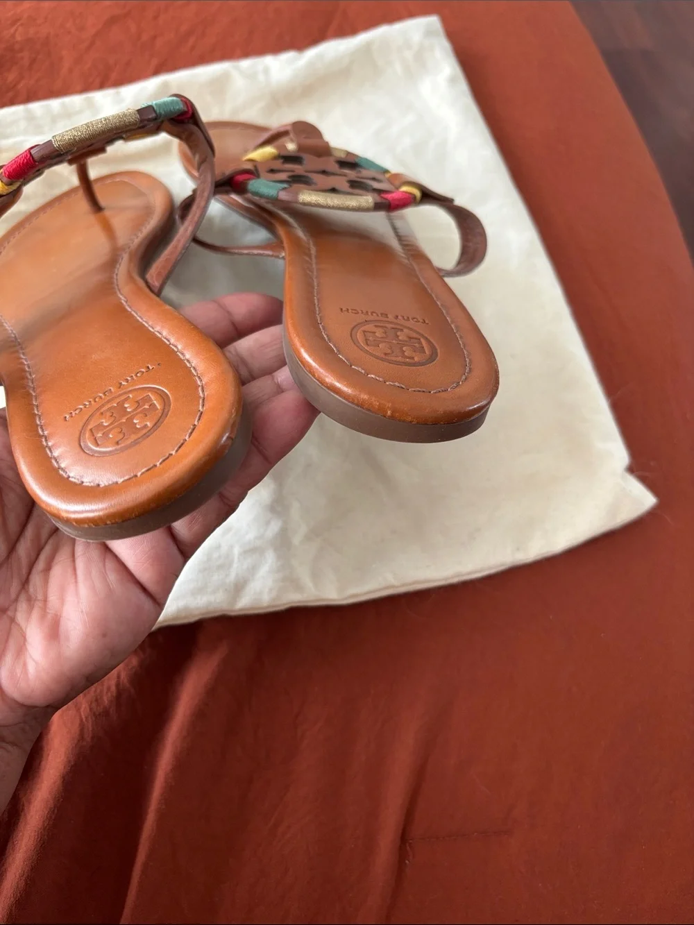 Tory Burch Brown Leather Miller Thong Sandals with Multicolor Trim - Picture 7 of 7